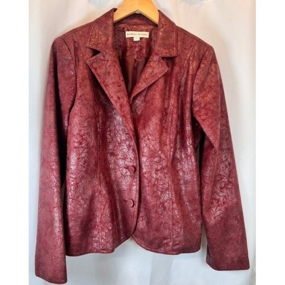 Bamboo Traders Jackets & Blazers - Bamboo Traders Faux Leather Blazer Jacket Womens Size L Red Distressed Y2K